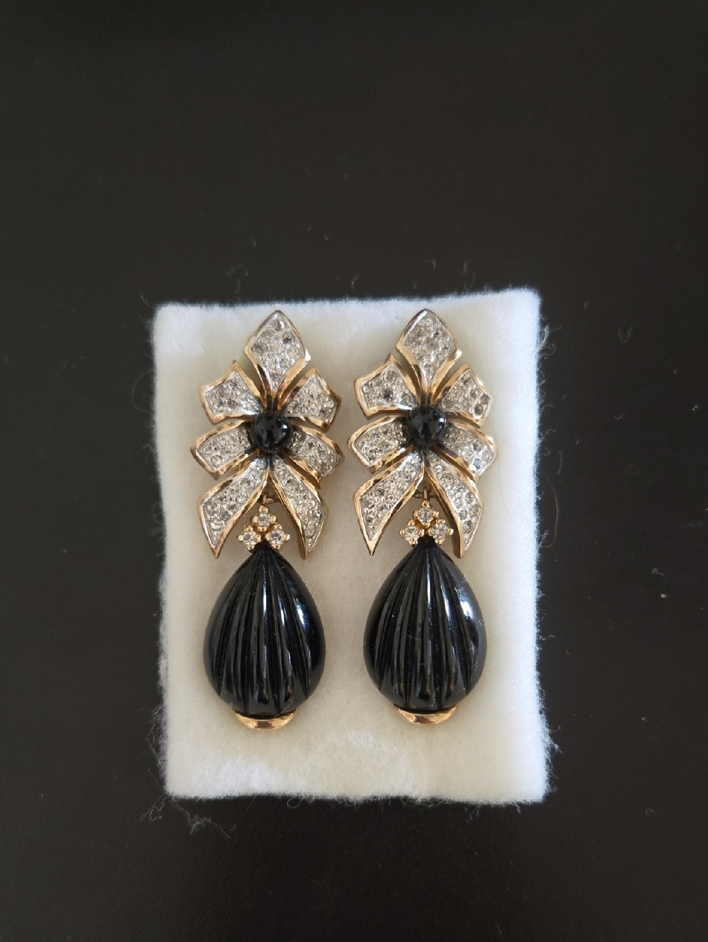 Gold-Tone Black Teardrop Flower Drop Earrings